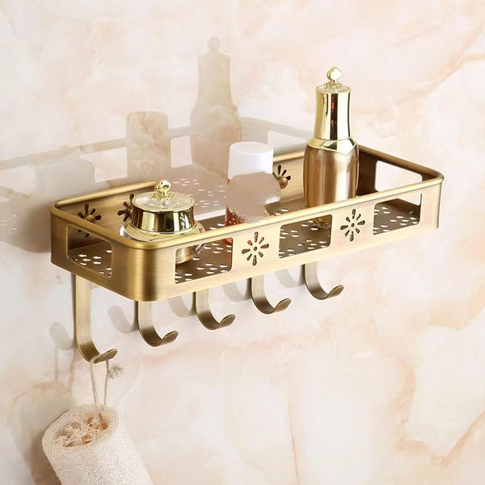 TXGJWRA Shower Basket Bathroom Storage Rack Brass Corner Caddy with 2 Hooks Corner Wall Mountedbath Organizer Accessories for