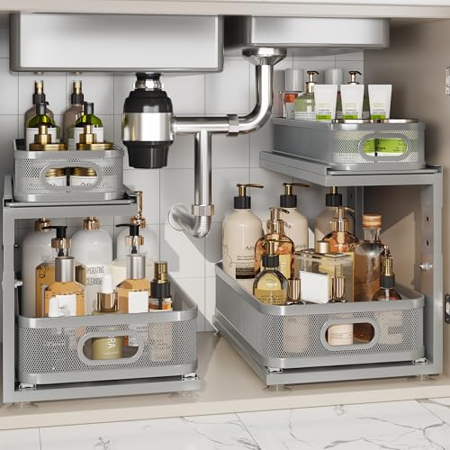 Image of 2 Pack 15.5IN-Depth Under Sink Organizer With Next-Gen Ball-Bearing Slides,2-Tier Precision Mesh Pull Out Cabinet Storage for Bathroom&Kitchen,Height Adjustable Drawers Shelf,Anti-rust-Grey