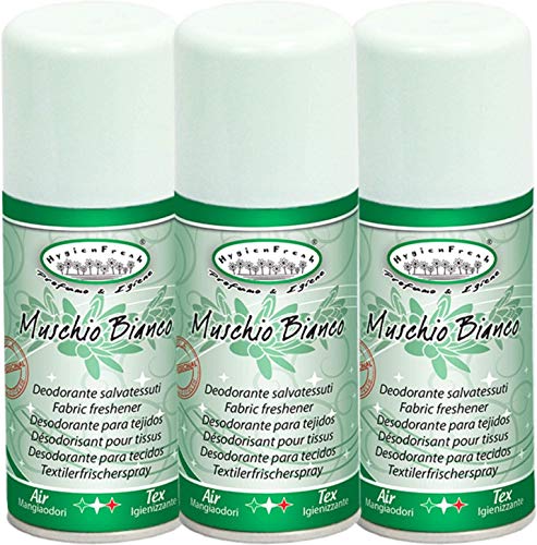 HygienFresh Muschio Bianco - Spray Deodorante Professionale Tessuti Ambiente Auto Cassetti Igienizzante Scarpe Armadio Profumo Hotel Palestra Accessori Lavanderia - 3 Pezzi da 150 ml