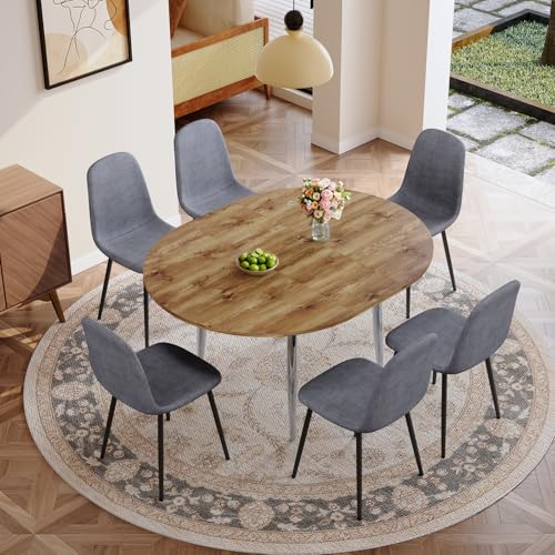 Image of Round Dining Table Set for 6, 42 inch-54 inch Extendable Round to Oval Dining Table, Mid-Century Modern Kitchen & Dining Room Set with Wood Grain Top and 6 Upholstered Chairs, Space-Saving, Easy Assembly