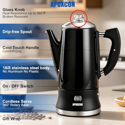 Image of APOXCON Electric Coffee Percolator Stainless Steel Coffee Maker with Glass Knob On /OFF Switch Keep Warm Classic Coffee Pot - No Aluminum No Plastic Contact with Beverage Black (12 Cup)