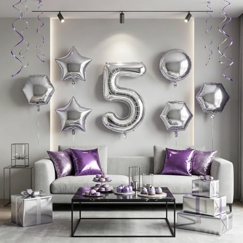 Image of Number Balloons Silver Party Balloon - Giant Number 5 Balloon, 40 Inch Large Balloon for Birthday Decorations, Silver Party Supplies for Anniversary