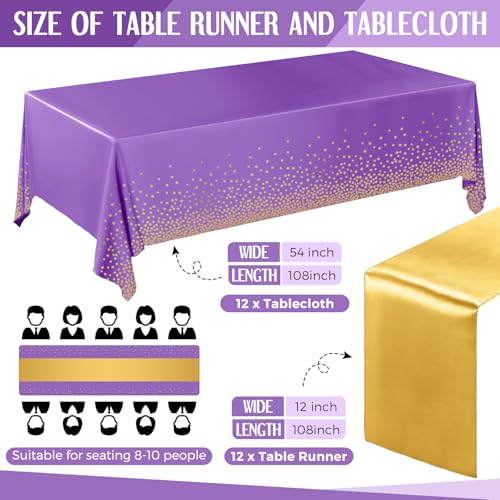 Image of Breling 24 Pack Purple and Gold Disposable Plastic Tablecloths and Satin Table Runner Set, 54 x 108 Inch Tablecloth, 12 x 108 Inch Table Runners for Wedding Graduation Birthday Baby Shower