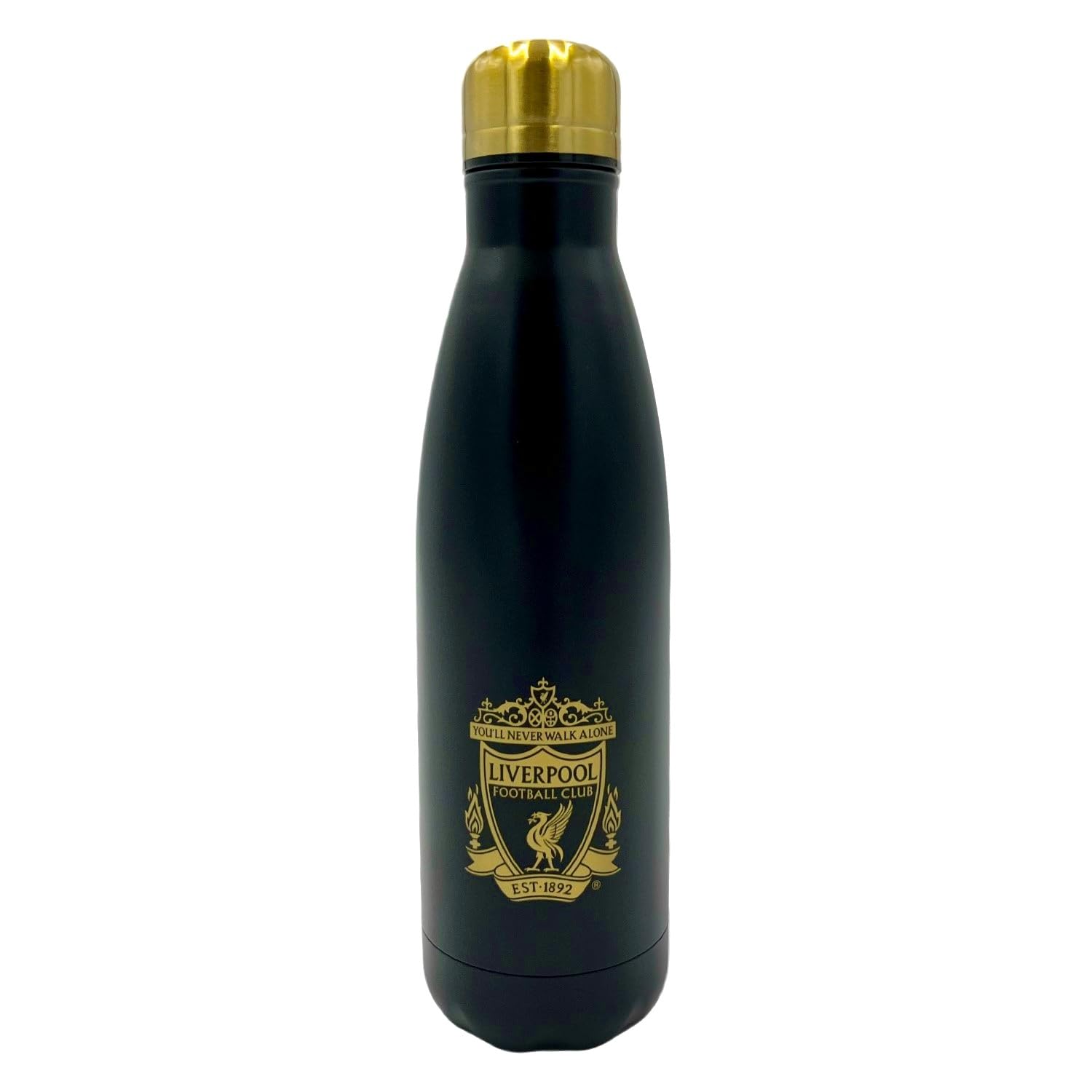 Liverpool FC Official Thermal Water Bottle, Black with Gold Crest, Insulated Stainless Steel, Double-Wall Design
