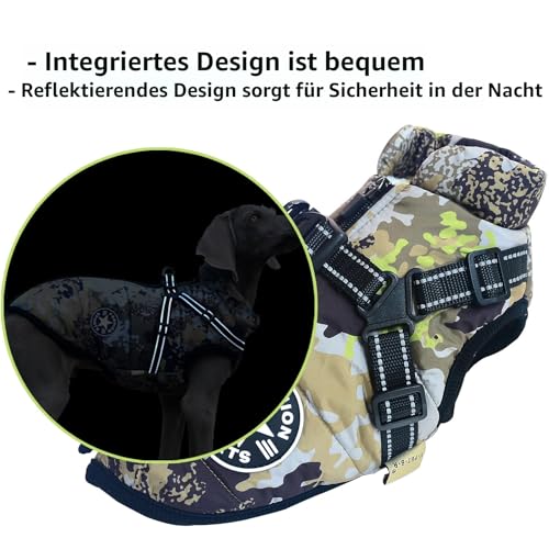 Oncpcare 2 in 1 Große Hundejacke mit Geschirr, Outdoor Hundesport Weste, Warm Haustier Wintermantel für große Hunde (Camo)