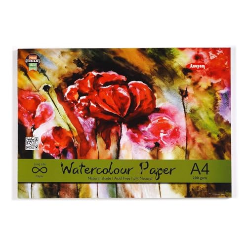 Image of anupam Water Color Pad - A4, 200 GSM, 20 Sheets, White, (Model: water Colour paper)