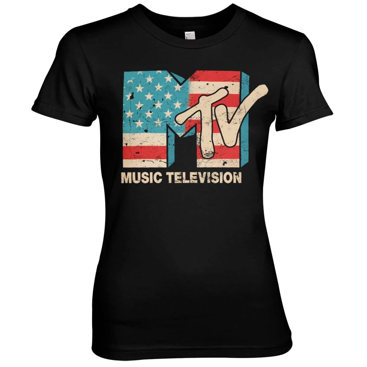 MTV Officially Licensed Distressed USA-Flag Women T-Shirt (Black), S