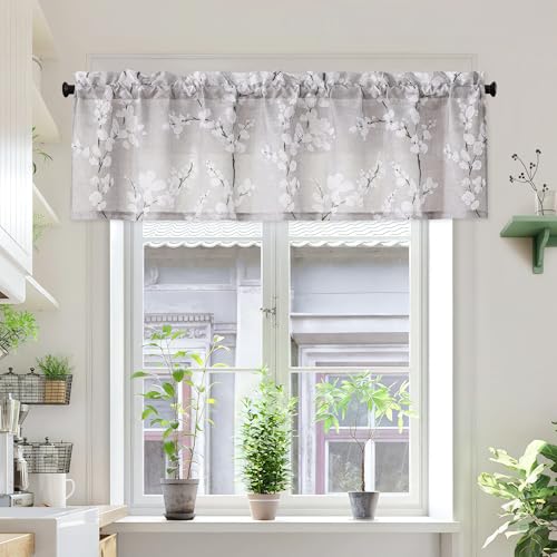 Image of FMFUNCTEX Valance Curtains for Kitchen Window Living Room 15 inch White Blossom Print Short Valance for Bathroom Floral Window Treatment Set 54 inchW Tan Rod Pocket 1 Panel