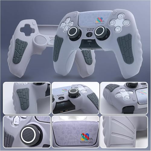 Image of Meyaar for PS5 Controller Cover Case, Anti-Slip Silicone Cover Skin Compatible with PS5 Dual Sense Controller with Thumb Grip Caps, Controller Sticker (Light Grey Anniversary)