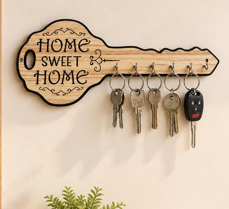Image of Premium Home Sweet Home Wood Key Holder for Home Decor Stylish wall Hanhing Key (40 cm x 15 cm) 6 Hook - Decorative Items for Home Decor Natural Wood
