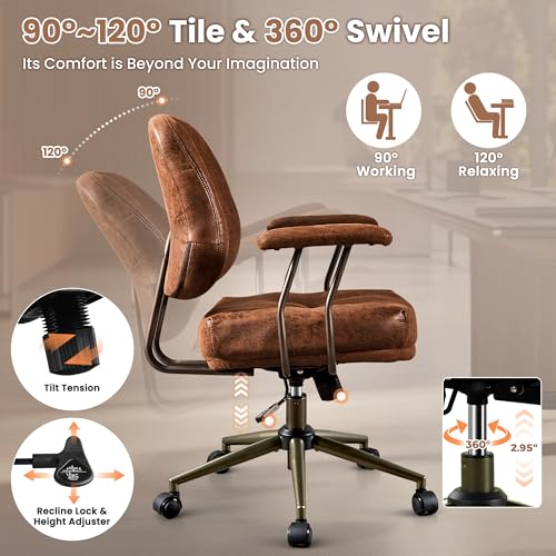 Image of ovios Ergonomic Office Chair, Mid Back Faux Leather Executive Chairs with Thick Cushion, Comfy Mid-Century Modern Swivel Rolling Computer Armchair (Dark Brown, Suede Leather)