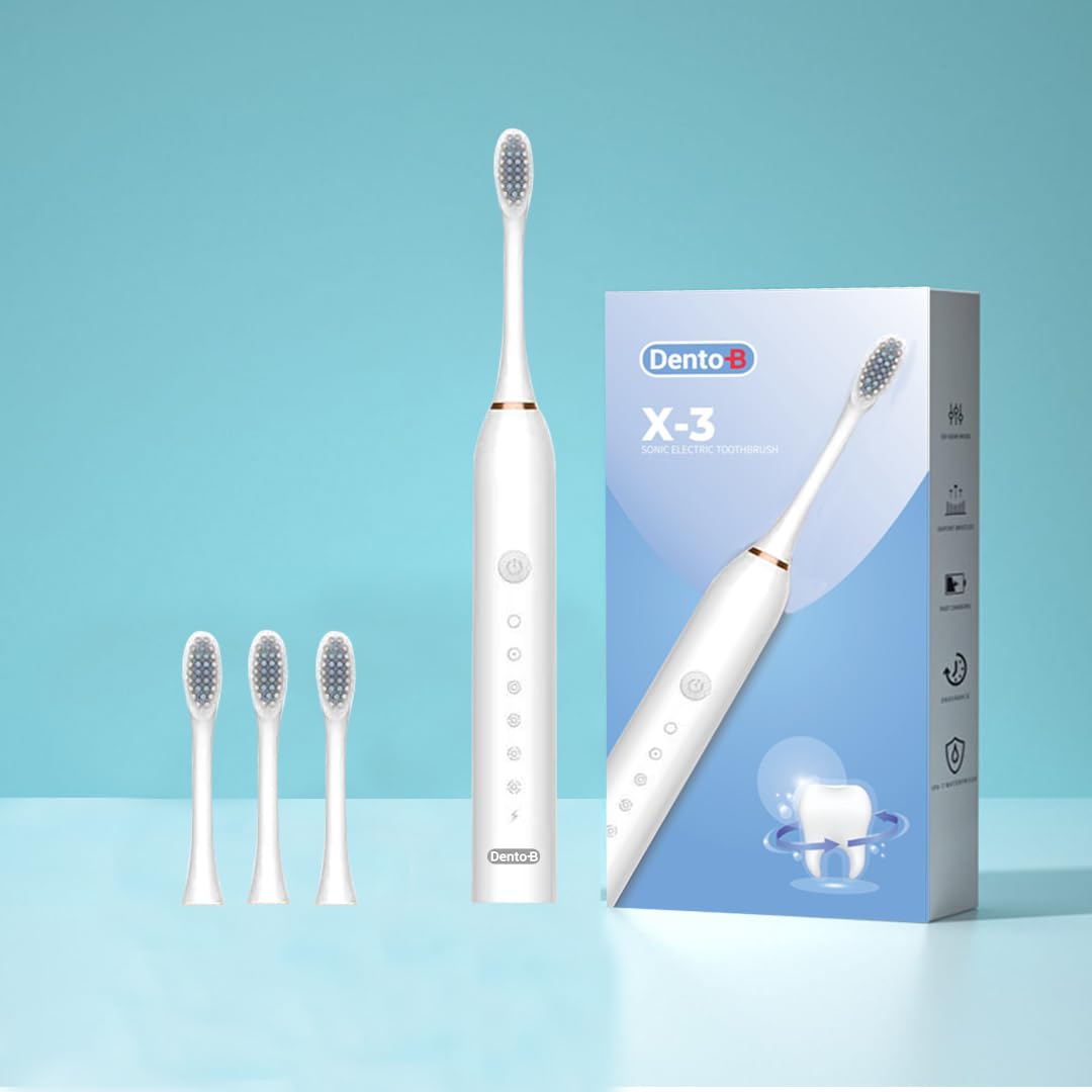 Dento-B X-3 Sonic Electric Toothbrush With 3 Brush Heads 6 Brushing Modes 42000 Vibrations Per Minute 2 Hours Charging Lasts Upto 60 Days IPX7 Waterproof Head 1 Year Warranty Multicolor (White) Dento-B X-3 Sonic Electric Toothbrush With 3 Brush Heads 6 Brushing Modes 42000 Vibrations Per Minute 2 Hours Charging Lasts Upto 60 Days IPX7 Waterproof Head 1 Year Warranty Multicolor (White)
