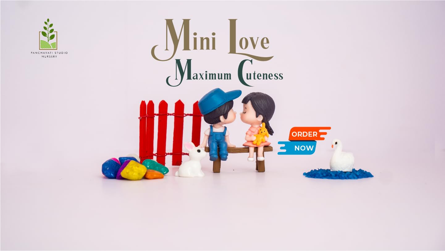 Panchavati Studio Romantic Valentine Couples in Kissing Pose - Resin Figurines with Bench, Miniature Rabbit, Duck, Fence, Colored Sand, and Pebbles