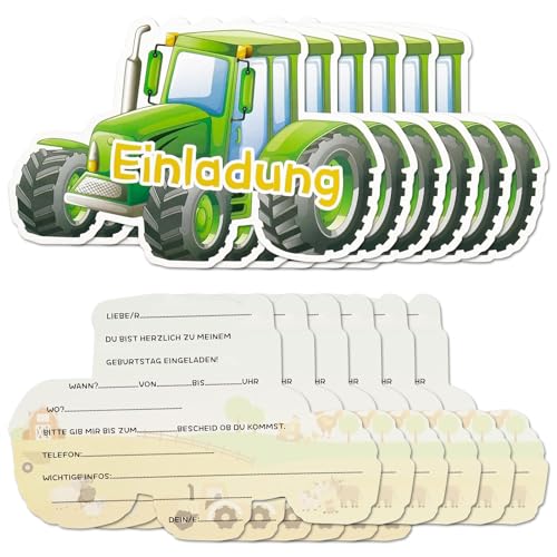 12x Einladungskarten Kindergeburtstag, Traktor Einladungskarten, Geburtstagseinladung Einladungen, Partyeinladungen, Geburtstagseinladungen für Kinder