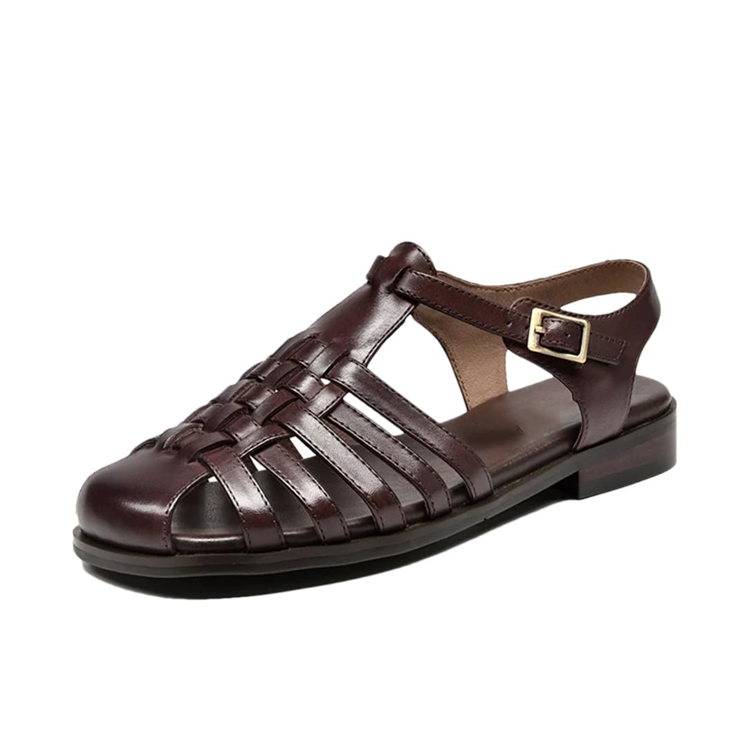 Sandalias de gladiador para mujer, con correa frontal y trasera, tacón plano, estilo gladiador, de piel vacuna, estilo retro, romana, informal, para verano