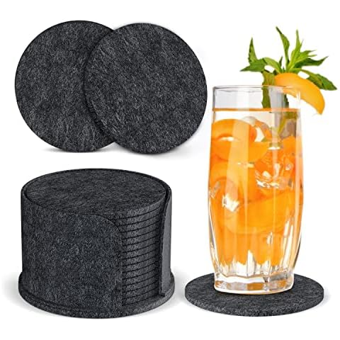 Glasuntersetzer mit Halter, Untersetzer Gläser 14er Set, Filz Untersetzer Rund für Getränke, Tassen, Bar, Glas - Abwaschbare Untersetzer zum Schutz der Tischplatte (Schwarz) Cover