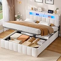AOGLLATI Lit Coffre 140x190 avec Éclairage LED et Multiprise Intégrée, Lit 140x190 avec Sommier à Lattes en Bois, 2 Étagères, 4 Niches Ouvertes, Capitonné en Velours Blanc