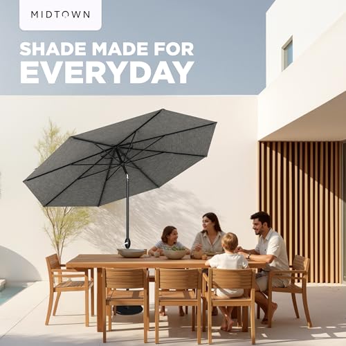 Image of Midtown Umbrellas - 10-Year-No-Fade 9 Ft Patio Umbrella with Terylast Fabric, Auto-Tilt Aluminum Frame and 8 Reinforced Ribs for Deck, Pool, Garden & Beach - Geige Canopy, Black Pole