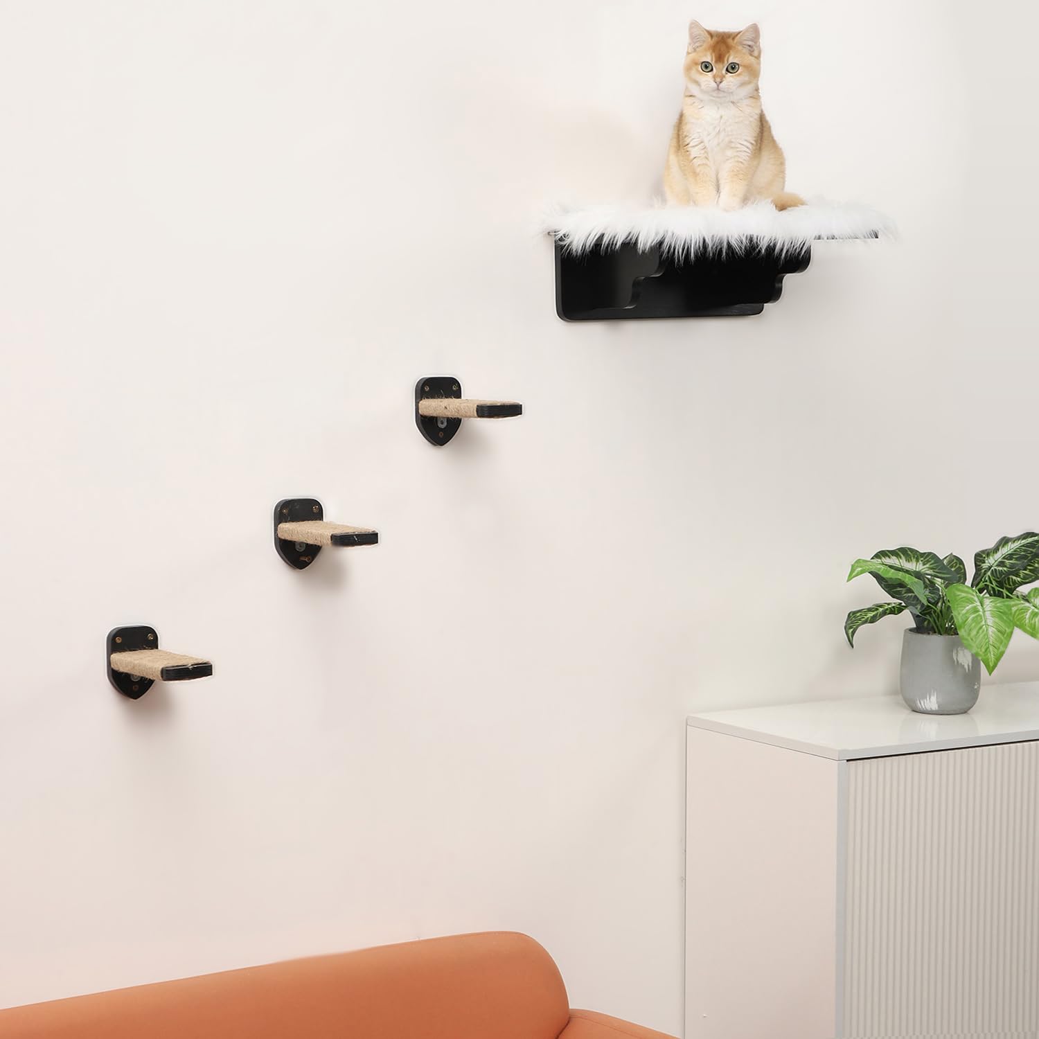 COOLEX Cat Wall Shelves - 3-Step Climbing Shelf with Scratch Post & Plush Hammock Bed for Indoor Cats (Black)