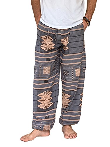 Love Quality Baggy Pants Men's One Size Printed 100% Cotton Harem Pants Hippie Boho (Gray)