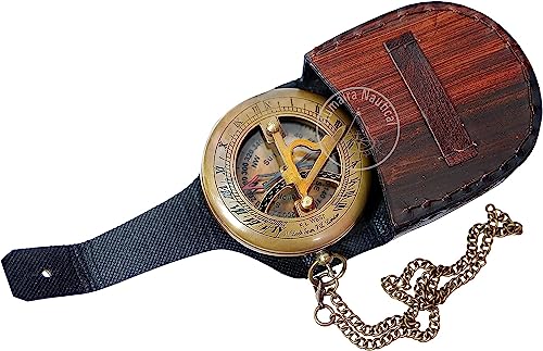 Brújula de brújula de sol de latón con estuche de cuero y cadena miniatura 6