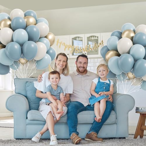 Image of 60pcs Dusty Blue Balloons, 12 Inch Dusty Blue Sand White Metallic Gold Balloons with Ribbon for Wedding Bridal Shower Birthday Party Baby Shower Decorations