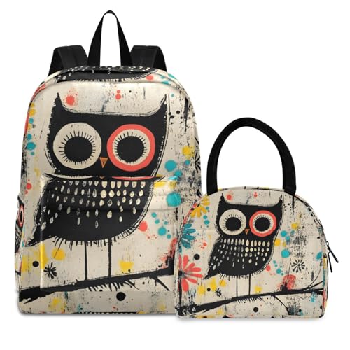 Doodle Owl Print Backpack Set with Lunch Bag, Large Capacity Travel Backpacks and Lunch Box Insulated for Commute Hiking Picnic