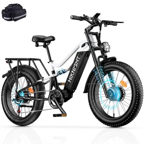 HiKNiGHT Dual Motor Electric Bike 4000W Peak, 52V 20AH Removable Battery, 24' x 4.0' Fat Tire, 40MPH Full Suspension Dual Hydraulic Brakes Adult E-Bike with Adjustable Stem & Extra Large Thick Seat