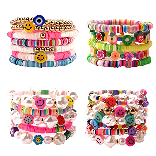 Bekecidi Heishi Surfer Armband Set, 28 Stück Bunt Preppy Armbänder, Heishi Perlen Armbänder Damen Set, Freundschaftsbänder Boho Perlen Armband für Kinder, Damen Cover