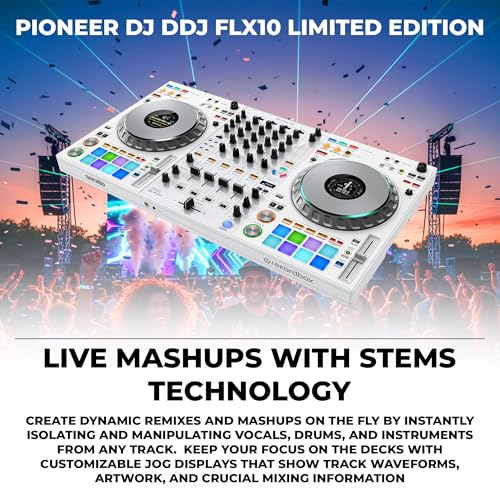 Image of Pioneer DJ DDJ-FLX10 4-Channel Professional DJ Controller - White Bundle with Carrying Case, Gearlux Headphones, DMX Cable, and Austin Bazaar Polishing Cloth