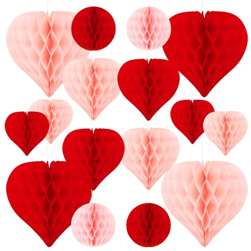 Corazones de Nido Abeja, 16 pompones de papel colgantes de color rojo y rosa claro, decoración romántica para aniversario, boda, compromiso, propuesta de fiesta