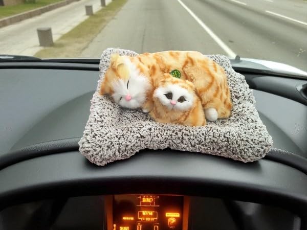 Image of Realistic Sleeping Cat Plush - Mother & Kitten Set, Soft Decorative Toy for Kids, Home & Car Decor, 25 x 20 cm (Orange Stripes)