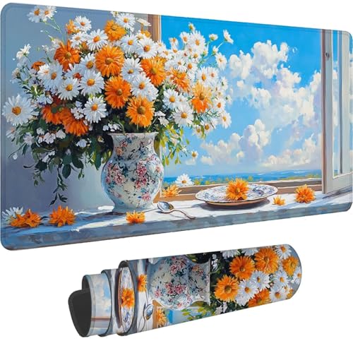 Tapis de souris XXL marguerite imperméable avec base en caoutchouc pour pc et joueur
