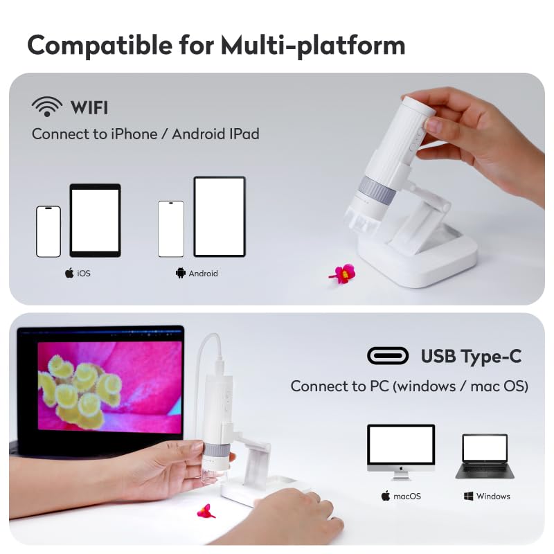 Bezprzewodowy mikroskop cyfrowy WiFi, 50X-1000X, przenośny mikroskop ręczny z kamerą HD 1080p, regulowany stojak i LED, mikroskop USB do iPhone'a, iPada, PC, dorosłych, dzieci, M2C (kolor
