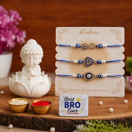 Image of eCraftIndia Evil Eye Rakhi Set of 3 for Brother with Best Bro Ever Fridge Magnet & Baby Buddha Showpiece | Designer Nazar Rakhi Combo | Raksha Bandhan Gift Set for Bhai