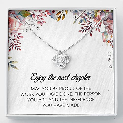 Enjoy The Next Chapter, Love Knot Necklace, Message Card Necklace, Enjoy The Next Chapter Wishing You The Best In This Next Chapter Of Your Career