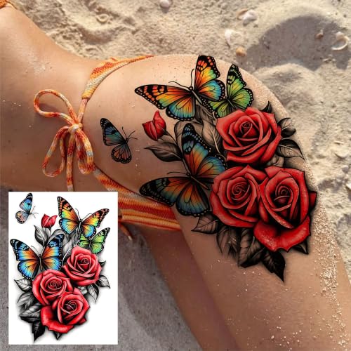 Image of 4 Sheets Large 3D Rose Temporary Tattoos For Women Hips Buttock Thigh Adults Body Art Back Tattoo Sticker, Long Lasting Realistic Waterproof Watercolor Butterfly Flowers Fake Rose Tattoos Shoulder