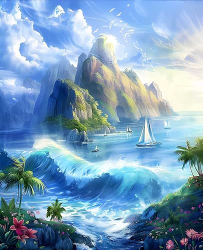 数字油絵 風景 数字キットによる絵画 海 Paint by Numbers DIYペイント 大人の 初心者 子供用 簡単に塗れる アクリル水彩絵の具 手芸 画材 手工芸 キット 3つのペイントブラシと1つのセットのアクリル顔料を使用 ホーム オフィス装飾