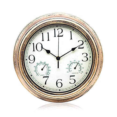 Budstfee Horloge d'intérieur et d'extérieur étanche avec thermomètre hygromètre Horloges murales rétro pour Patio, Piscine, Jardin et Maison Bronze