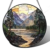 AMDERVEN Stained Glass Window Hanging, Sunset Mountains Lake Tree Sun Catcher for Window Home Decor Landscape Suncatcher Mother's Day Birthday Gifts for Women Men Mom and Nana 6.3 in
