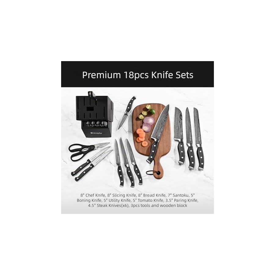 Knife Set, Emojoy 18-Piece Knife Sets for Kitchen with Block, Stainless Steel Kitchen Knives with Built-in Sharpener, Kitchen Shears and Carving Fork, Black