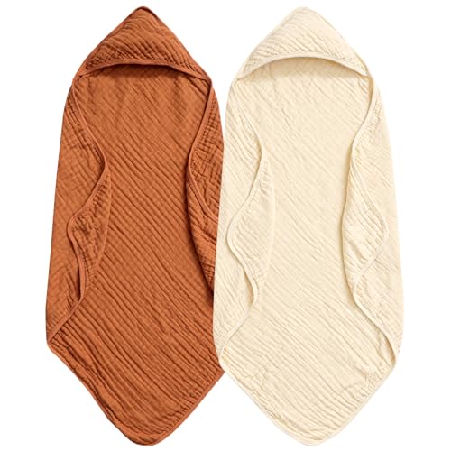 Image of PHF 2 Pack Baby Hooded Towels, 100% Muslin Cotton Baby Bath Towel with Hood for Newborn, Infant, Toddler, Ultra Soft and Absorbent Baby Essentials Bath Towels for Boys Girls, 32x32Inch, Beige & Brown
