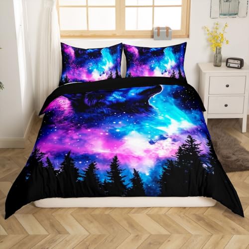 jejeloiu Kids Wolf Duvet Cover Toddler Size, Wolves Howling Bedding Set Animal Wolves Comforter Cover Boys Girls Teens Bedroom Decor 2Pcs Zipper (No Comforter)