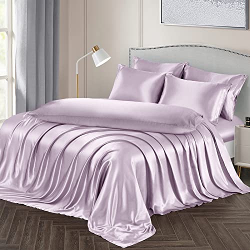 Image of Ersmak 4 Pieces Satin Sheets Set Twin Size, Luxury Silky Lavender Satin Bed Sheets Set with 1 Deep Pocket Fitted Sheet, 1 Soft Flat Sheet, 1 Queen Pillowcases and 1 Body Pillowcase