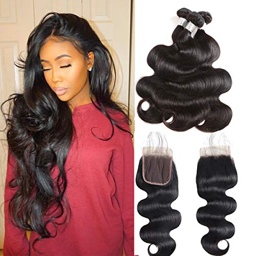 Body Wave Hair Bundles with Closure Body Wave 20" 22" 24" with 18" Closure Free Part Peruvian Virgin Human Hair Extensions Peruvian Body Wave 3 Bundles with Lace Closure Human Hair Weaves for Women