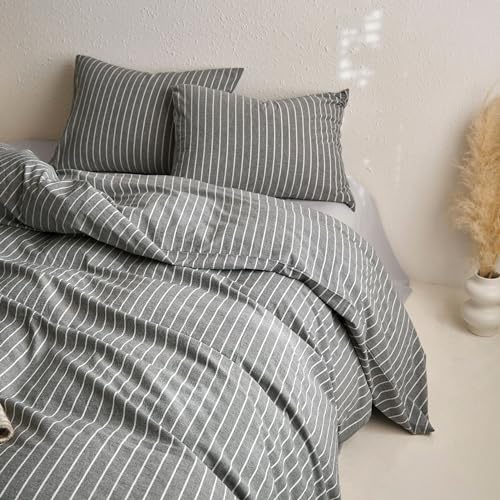 Image of Wake In Cloud - Striped Cotton Duvet Cover Set, Ticking Stripe Vertical Pinstripe Farmhouse, 100% Washed Cotton Textured Bedding Set, 3 Pieces, Gray, Full Size