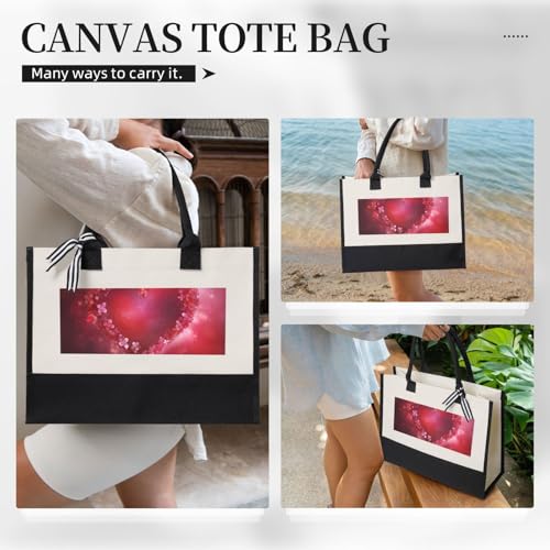 Canvas Tote Bag for Women Beach Tote Purse Reusable Grocery Bag Valentine Day Heart Flower Aesthetic Shopping Bags 5