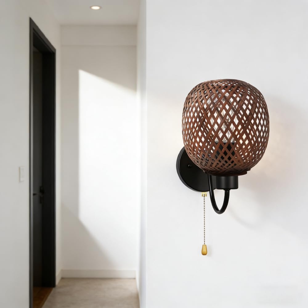 XINYASEE Handwoven Bamboo Rattan Wall Sconce with Pull Chain - 2 Color Options Natural Wicker Wall Light Fixture, Bohemian Wall Lamp for Bedroom, Living Room, Farmhouse Decor, E27 (B)