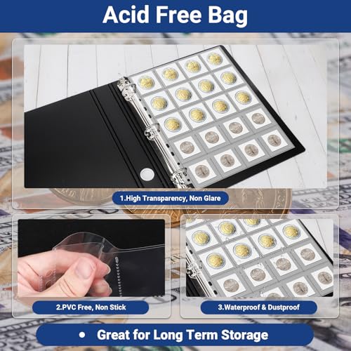Image of 600 Pockets Acid Free Coin Sleeves, Non Stick and Non Glare, Fit for Coin Flips 2x2 inch, 3 Ring Binder Sleeves Clear Plastic Stamp Collecting Supplies, 30 Pack