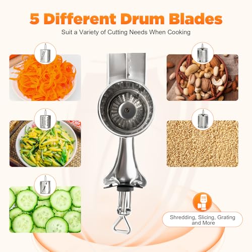 Edelstahl Manuelle Kartoffelreibe Reibemaschine Küchenmaschine für Käse, Gurken, Karotten, Nüsse, mit 5 Trommeln und Ein fester Clip, Silber,10 * 24cm/3.93 * 9.44inch